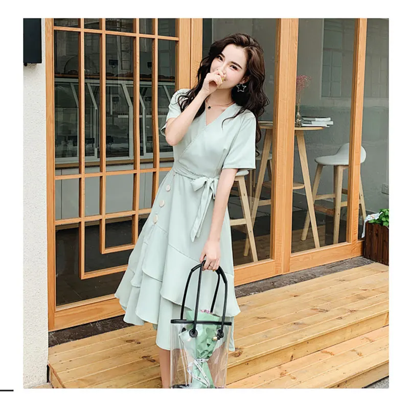 

2019 summer new women's clothes solid color irregular ruffle temperament V neck short sleeved elastic waist tie holiday dress