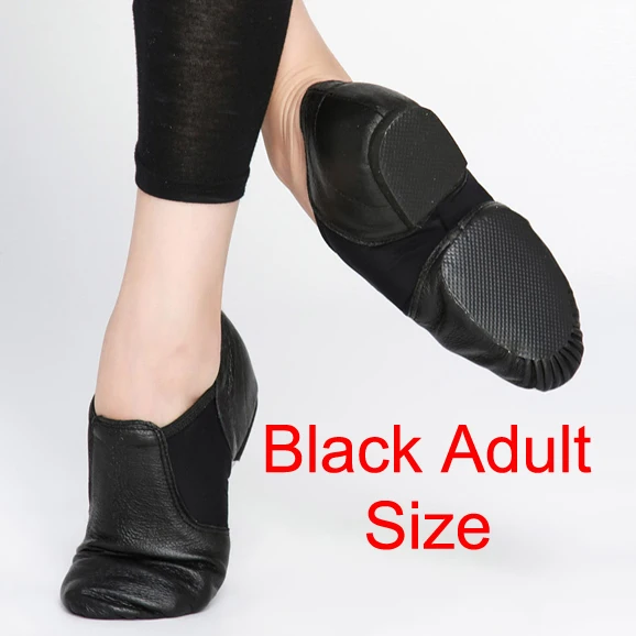 Танцевальная обувь из натуральной кожи с двойными вставками; стрейчевая танцевальная обувь для джаза без застежки; Танцевальные Кроссовки для джаза; цвет черный, коричневый; унисекс; - Цвет: Black Adult Size