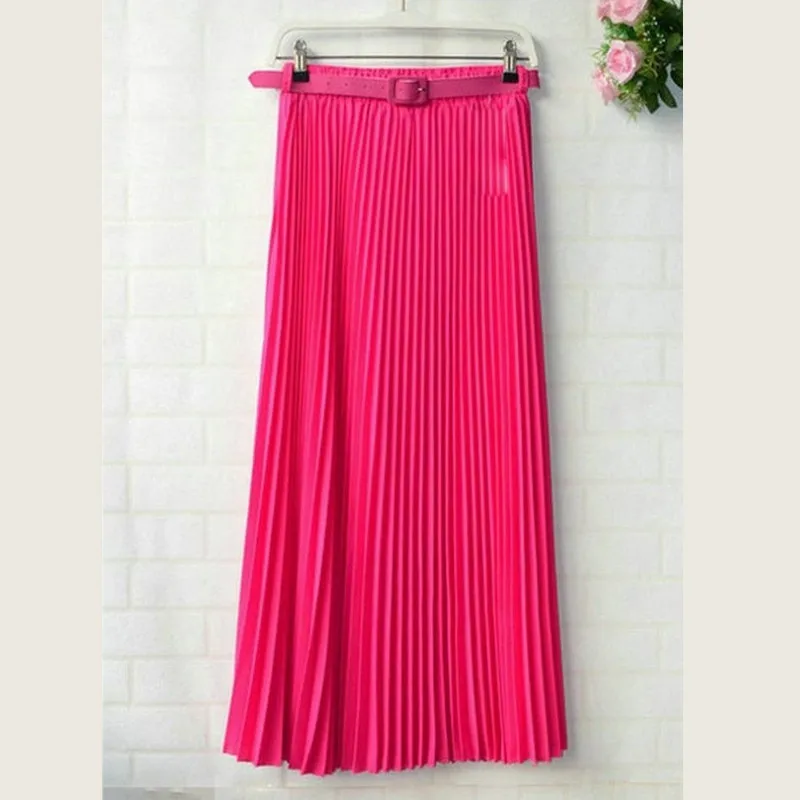 Шифоновая плиссированная юбка миди с высокой талией, плиссированная длинная Плиссированная юбка, Женская Однотонная юбка, весна-лето, Корейская - Цвет: Розово-красный