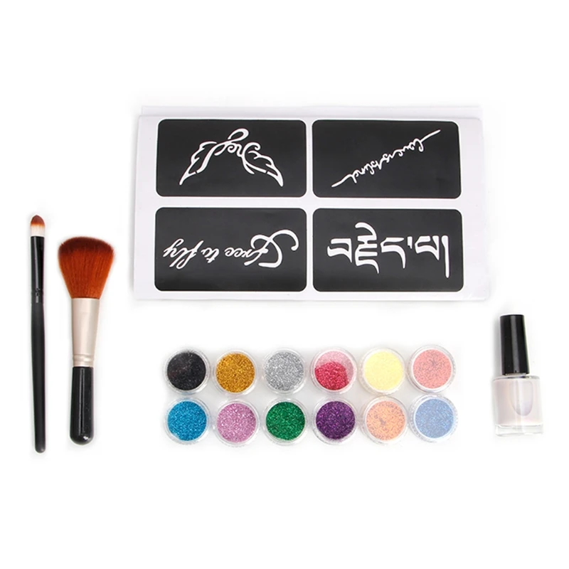 

12 Color Powder Temporary Shimmer Glitter Tattoo Kit Body Art Paint Tool Set New