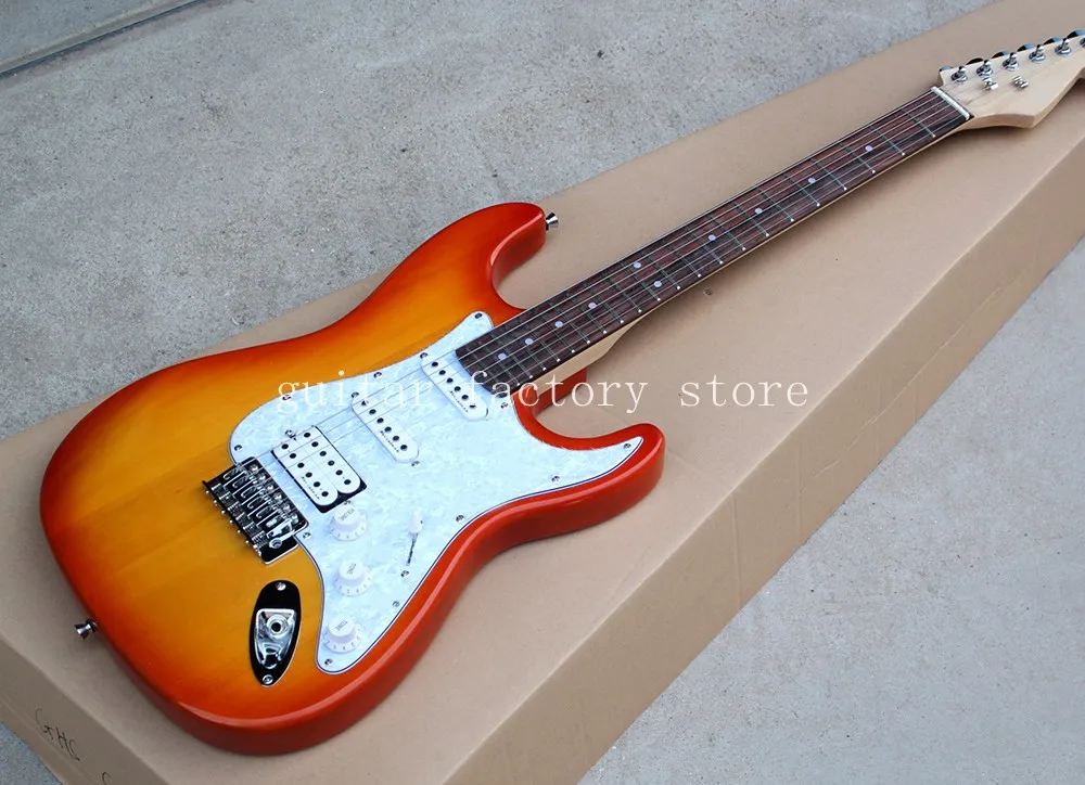 Factory custom cherry sunburst body electric guitar with SSH pickups,white pickguard,chrome hardware,free shipping