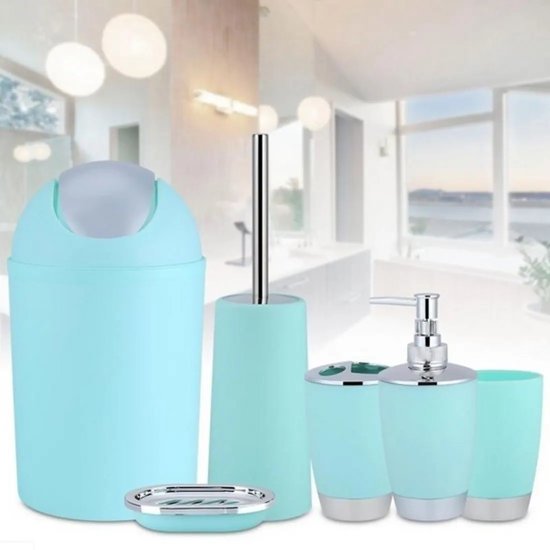 Kaufen 6 stücke Bad Abfall Bin Seife Box Wc Pinsel Kunststoff Badezimmer Zubehör Set Waschen Werkzeug Anzug Bad Set Mundwasser Zahnbürste halter Set