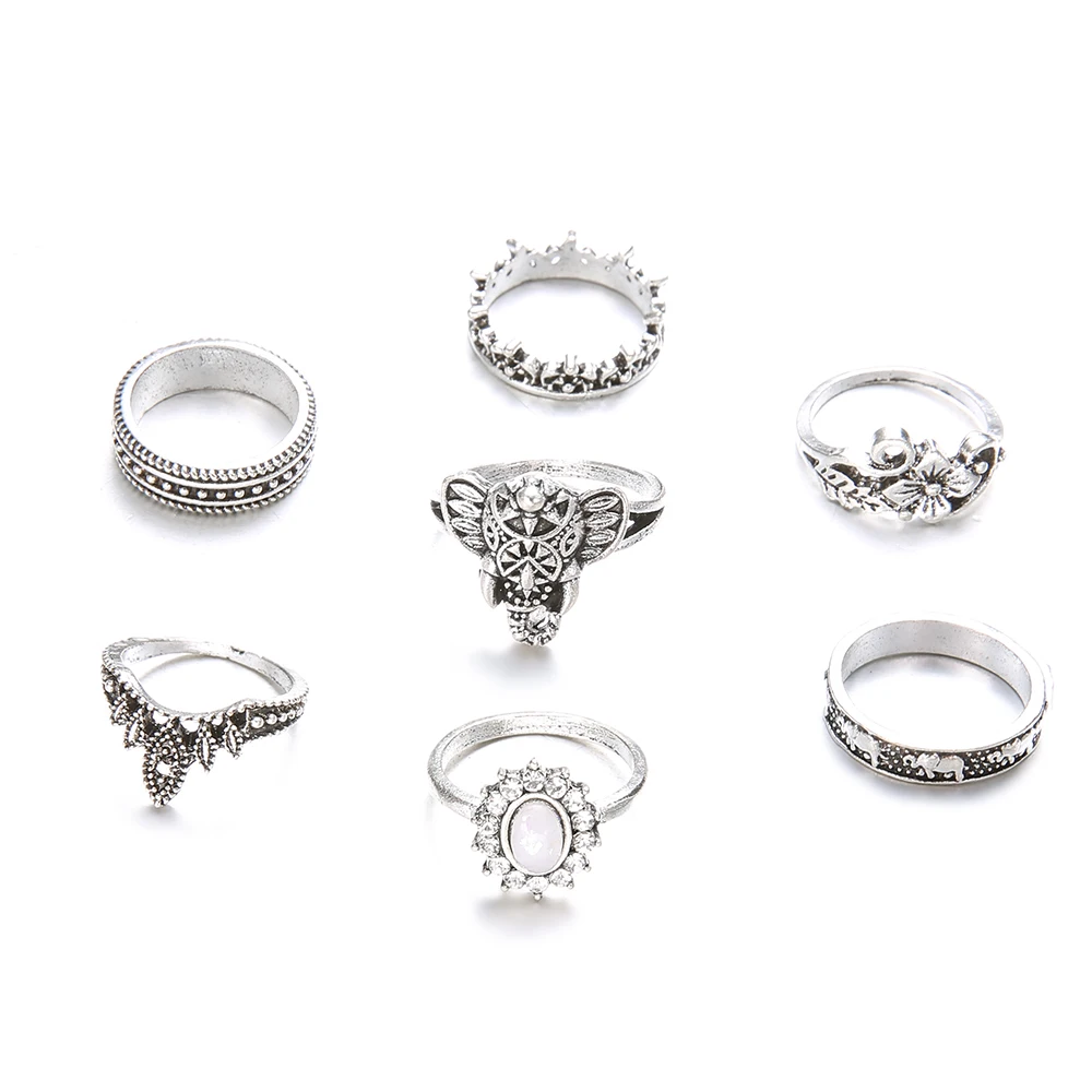 7-piezas-setBohemia-plata-antigua-elefante-flor-Rosa-coraz-n-corona-tallada-anillos-conjunto-nudillo-dedo