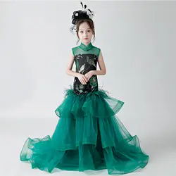 Высокое качество Дети девушки вышивка зеленый цвет платье 2018 новые летние принцессы Свадебные Вечеринка платья рыбий хвост платье