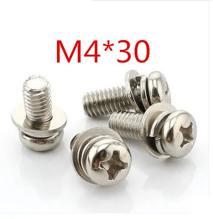 

100pcs/lot M4*30 Phillips Pan Head Three Combination Screw Three sem screws with washer attached steel with nickel triad screw