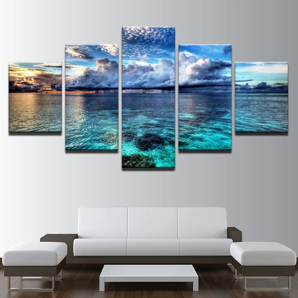 

HD Printed Wall Modern Canvas Pictures Art 5 Pieces Sunset Glow Blue Sky Ocean For Living Room Landscape Posters Painting Frame