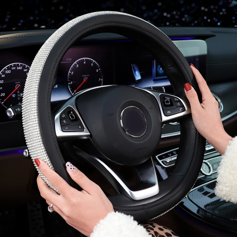 

Rhinestone Car Steering Wheel Covers 38cm Leather Steering-Wheel Cover Luxury Auto Decor Interior Car Accessory For Girls Women
