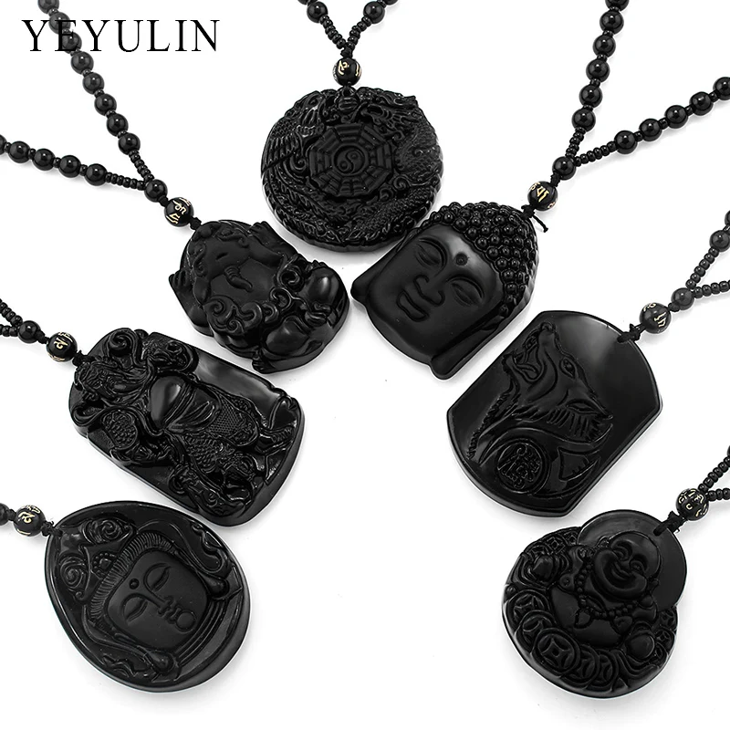 Чудесный резной кулон с изображением Будды и Гуаньинь Maitreya Lion Black Obsidian Lucky blession ожерелье ювелирные изделия для женщин и мужчин