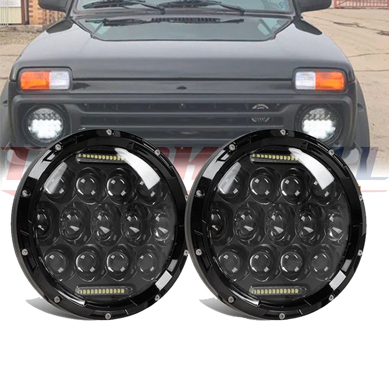 2PCS 75W 7 Silver LED Headlight H4 Hight Low Beam Round Cars Running Lights For Jeep Lada Niva 4X4  未标题-1