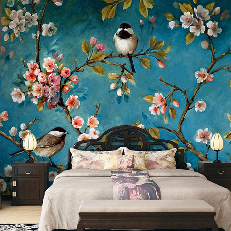 Retro oil painting style Chinese flowers and birds