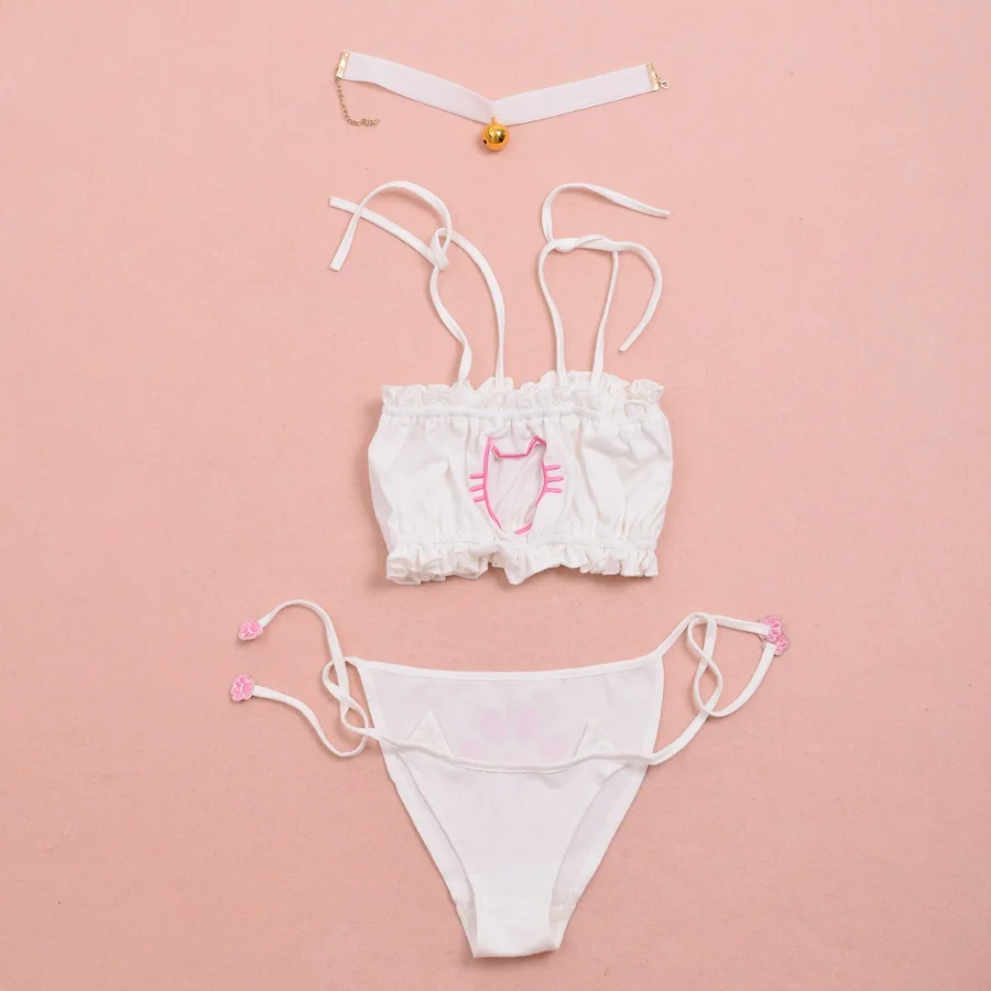Girls Cute Neko Cat Chest Hollow Out Lingerie Paws Tie Intimates Open Chest Underwear