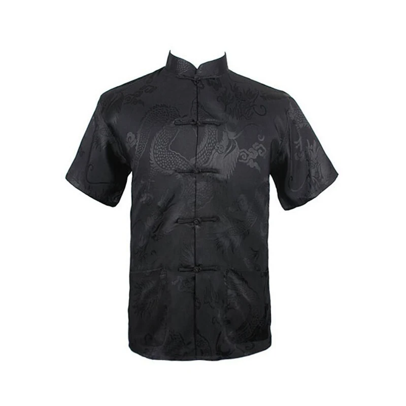

Dragon Black Summer New Chinese Men's Silk Satin Kung Fu Shirt Top with Pocket Size S M L XL XXL XXXL Free Shipping 020623