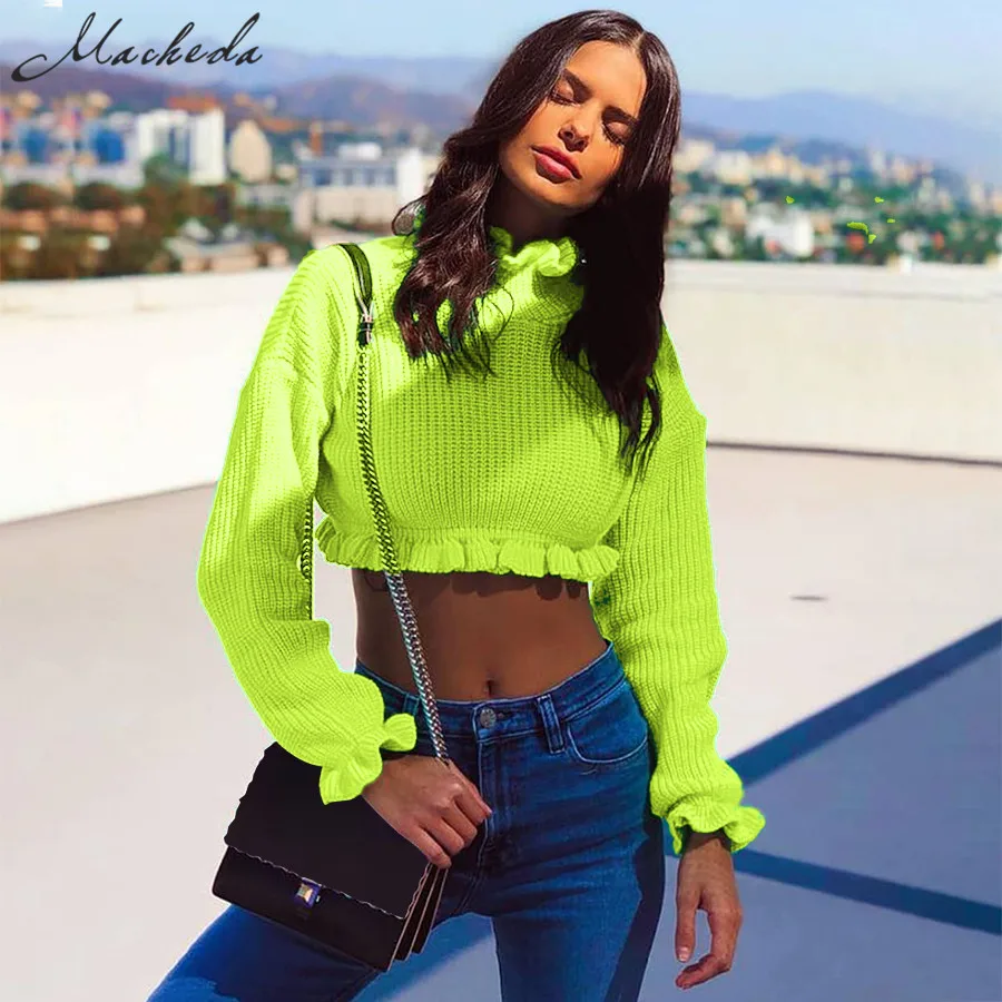 

Macheda Women Fashion Ruffles Turtleneck Pullovers Long Sleeve Crop Tops Lady Fluorescent Green Knitted Casual Elastic Top