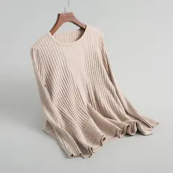 Для женщин Одноцветный полосатый вязаный свитер Повседневная Круглый воротник свитер с длинным рукавом