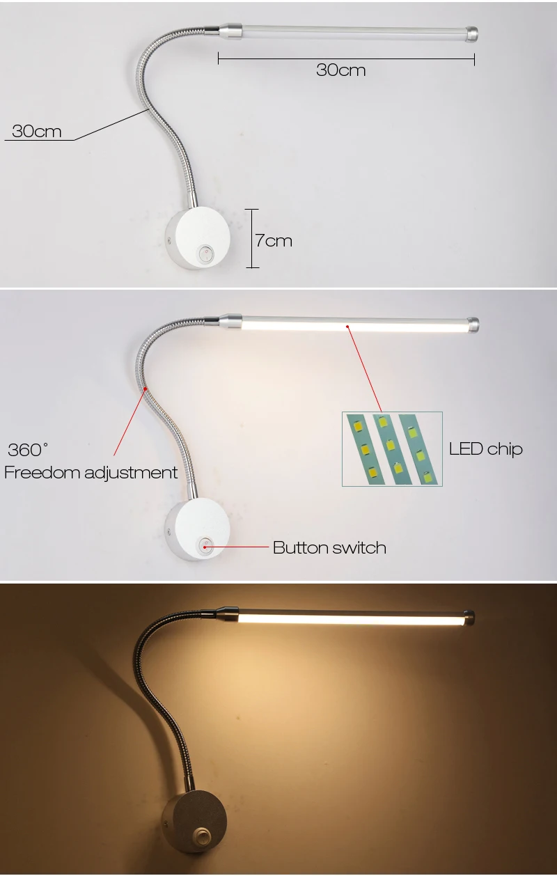 Светодиодный настенный светильник для чтения с переключателем 90-260 в 5 Вт, современный прикроватный светильник для спальни, серебристый светильник, регулируемый угол поворота 360 градусов