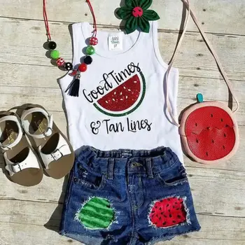 

Emmababy Kids Baby Girls Watermelon Vest Set Letter Tops+Shorts Pants Ripped Jeans Clothes Outfits