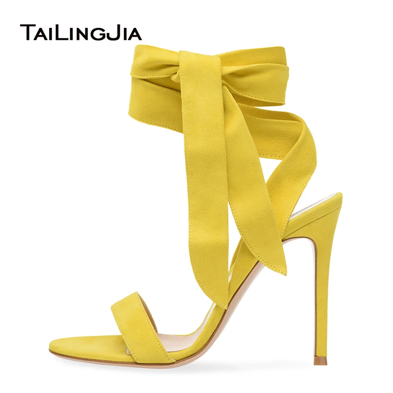 

Yellow Strappy High Heels for Women Heeled Sandals for Ladies Open Toe Stiletto Heel Sandal Summer Ankle Wrapped Cute Shoes 2022