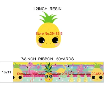 

printed cartoon Pineapple grosgrain ribbon and resin sets 7/8inch 50yard ribbon and 50pcs resin 1 sets REB271