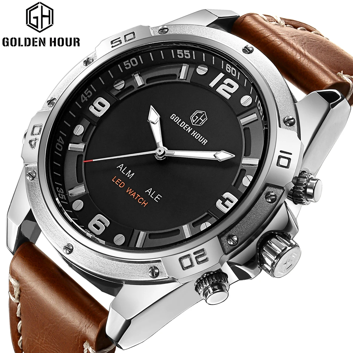 

GOLDENHOUR Brand Military Quartz Sport Watches For Men Analog Digital Date Display Male Genuine Leather Clock Relogio Masculino