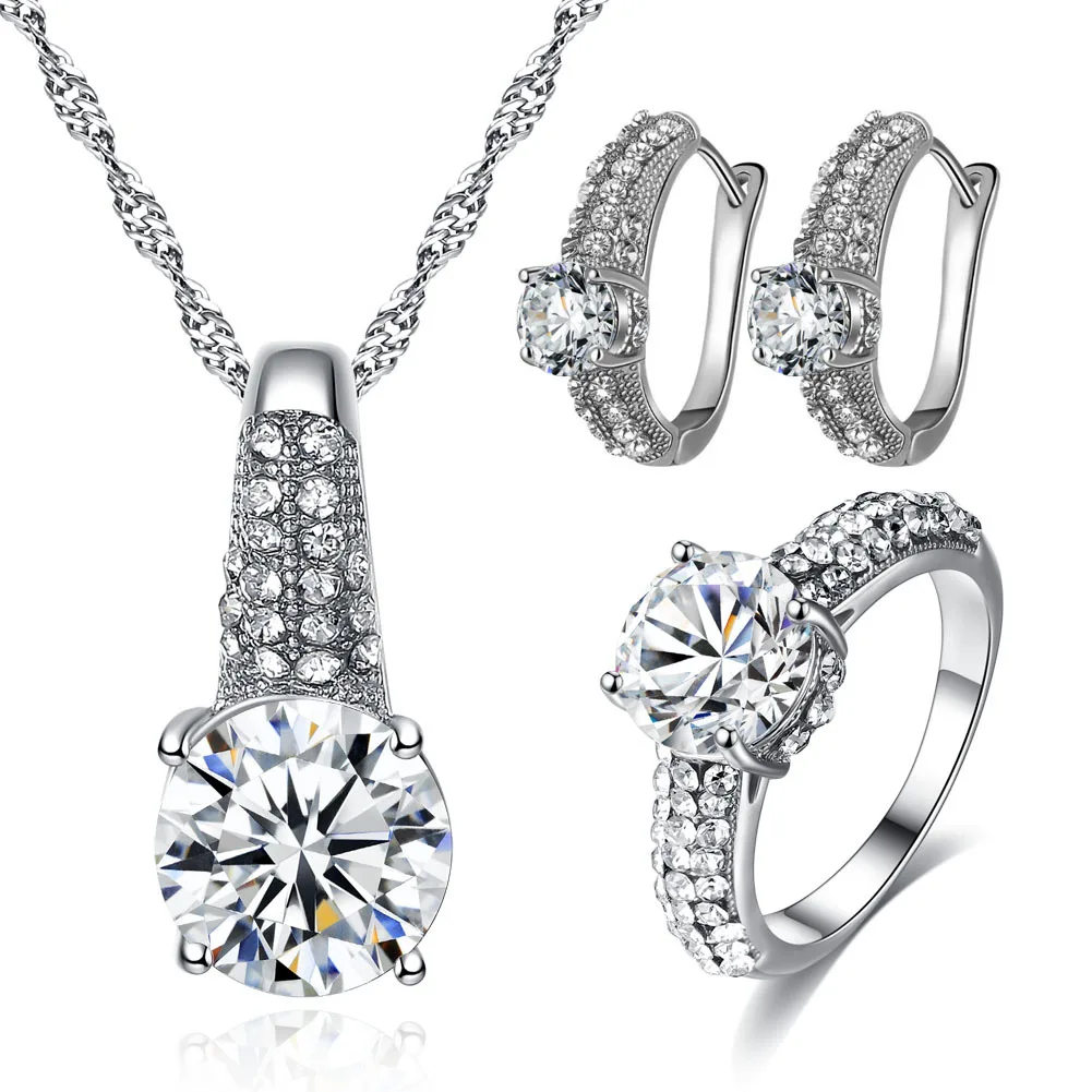 Silver Women Necklace Earring Ring Set Cubic Zircon Pendent Classic Bridal Jewelry Sets for Engagement Jewerly | Украшения и