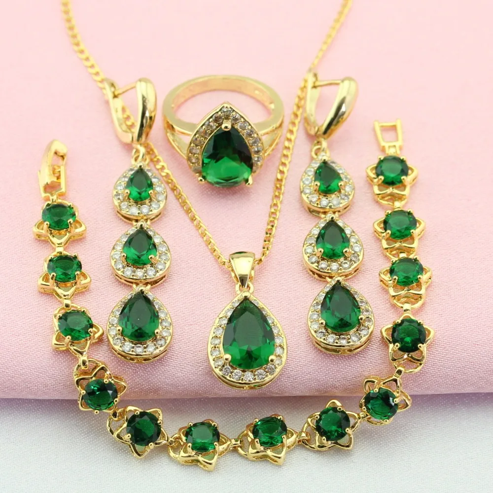 Женский ювелирный комплект из колье серёг и кольца с зеленым камнем|colorful jewelry