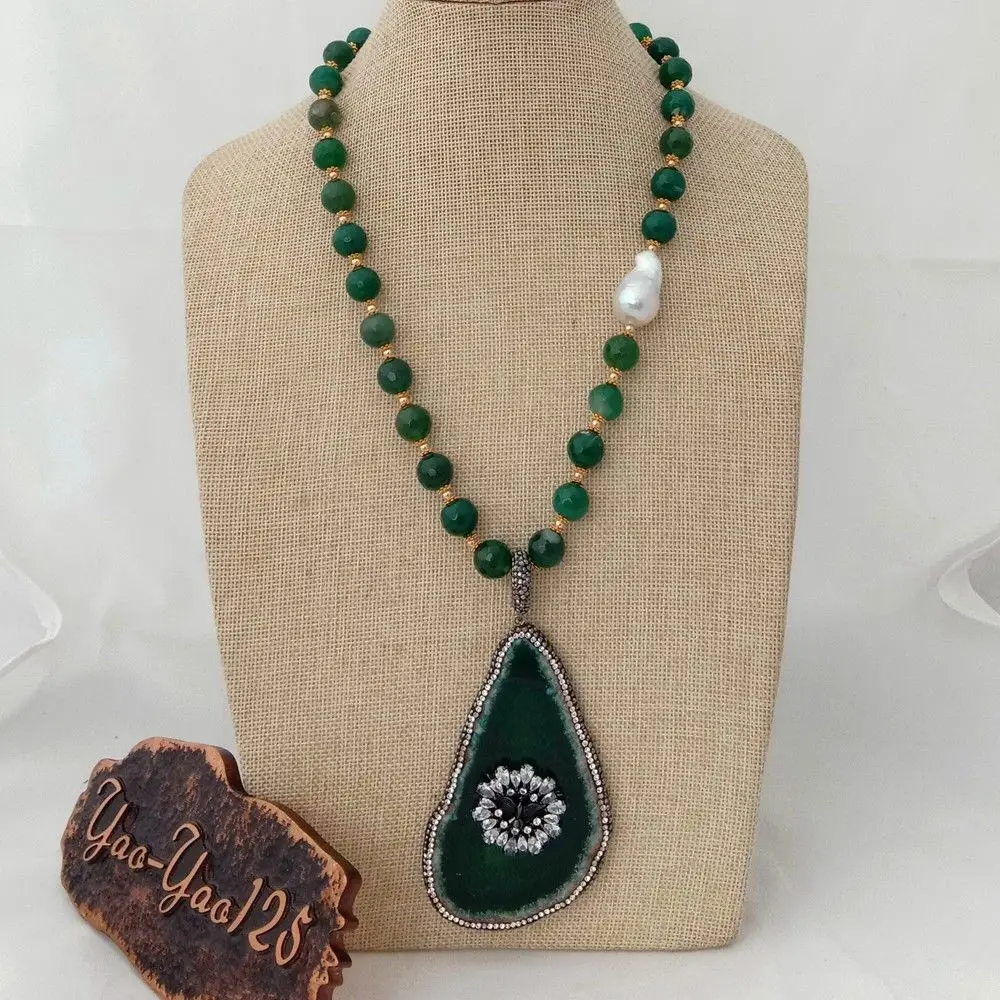 

N071222 white keshi pearl green stone necklace 55x70mm rhinestone pave pendant