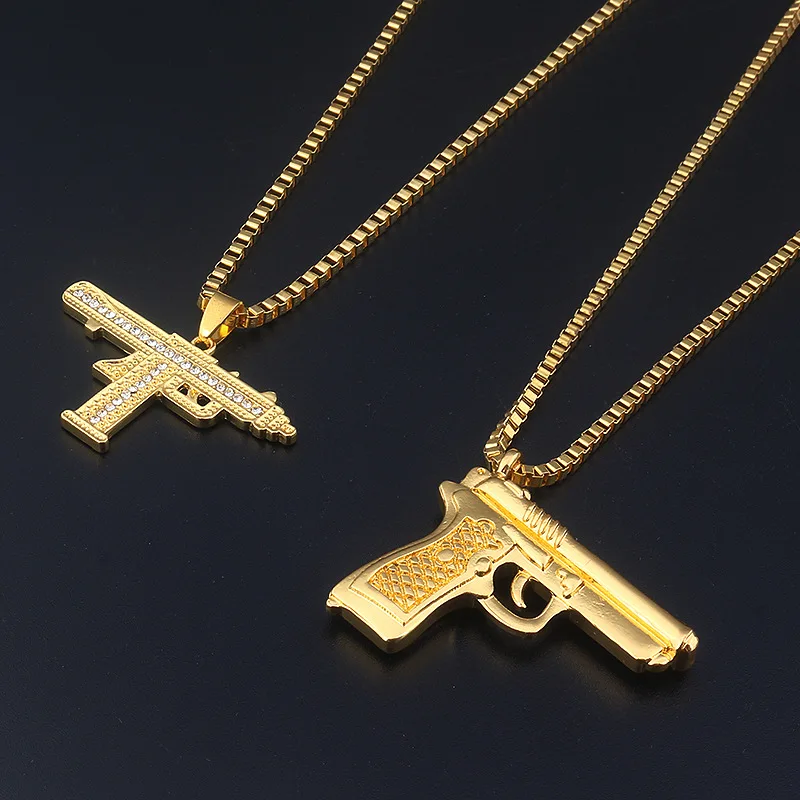 SAVORI Fashion Golden Uzi Gun Pendant Necklace Men Alloy Full Bling