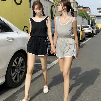 

New 2PCS Women's Casual Crop Top High Waist Shorts Sports Slim Tank Top Hot Pants Set