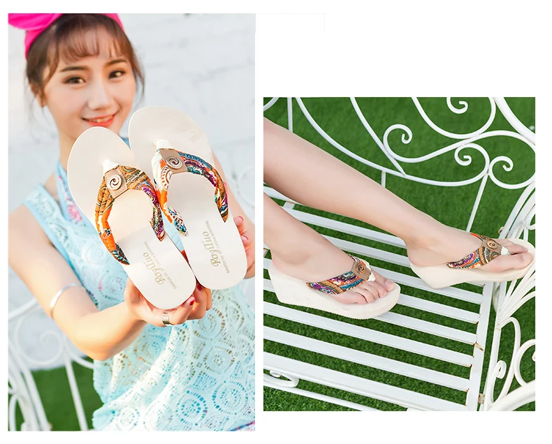 Женские Вьетнамки в богемном стиле; повседневные женские шлепанцы с принтом; Новинка года; пляжная обувь на платформе; летняя тканевая женская обувь на каблуке 7 см; большие размеры
