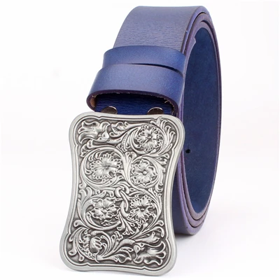 Silver buckle Blue Модный женский ремень, арабский узор, ремень из натуральной кожи, королевские цветы, Золотая Пряжка, декоративный джинсовый ремень для мужчин - Цвет: Silver buckle Blue