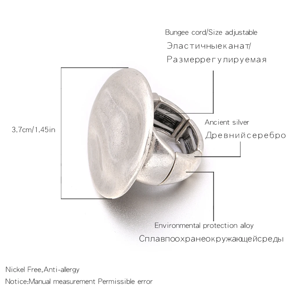 Bohemia Big Round Flat Ring Women Men Punk Exaggerated Trendy Rings Retro Simple Jewelry Elastic Adjustable One Size Ring 18mm