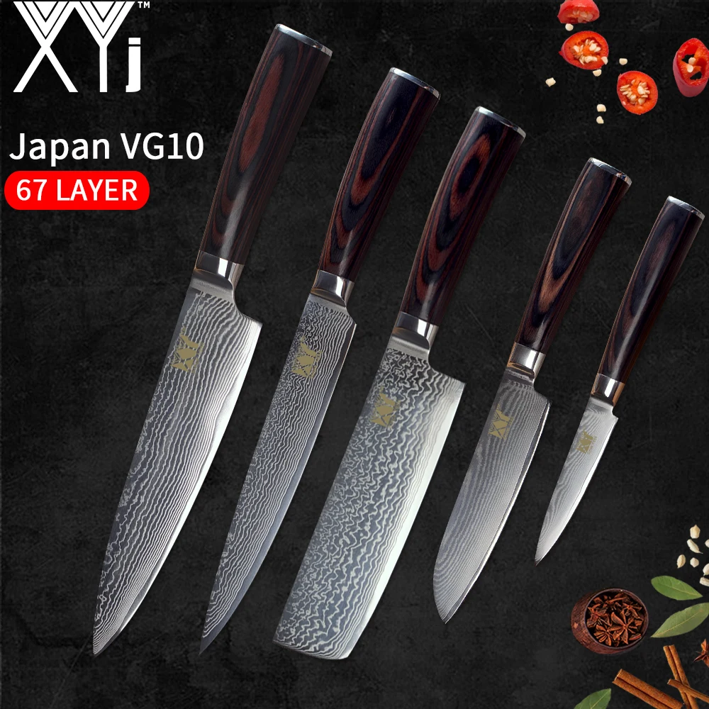 XYj Professional Damascus Kitchen Knives Color Wood Handle 5 Pcs Set 67 Layers VG10 Japanese Steel Blade Cooking Chef Knives