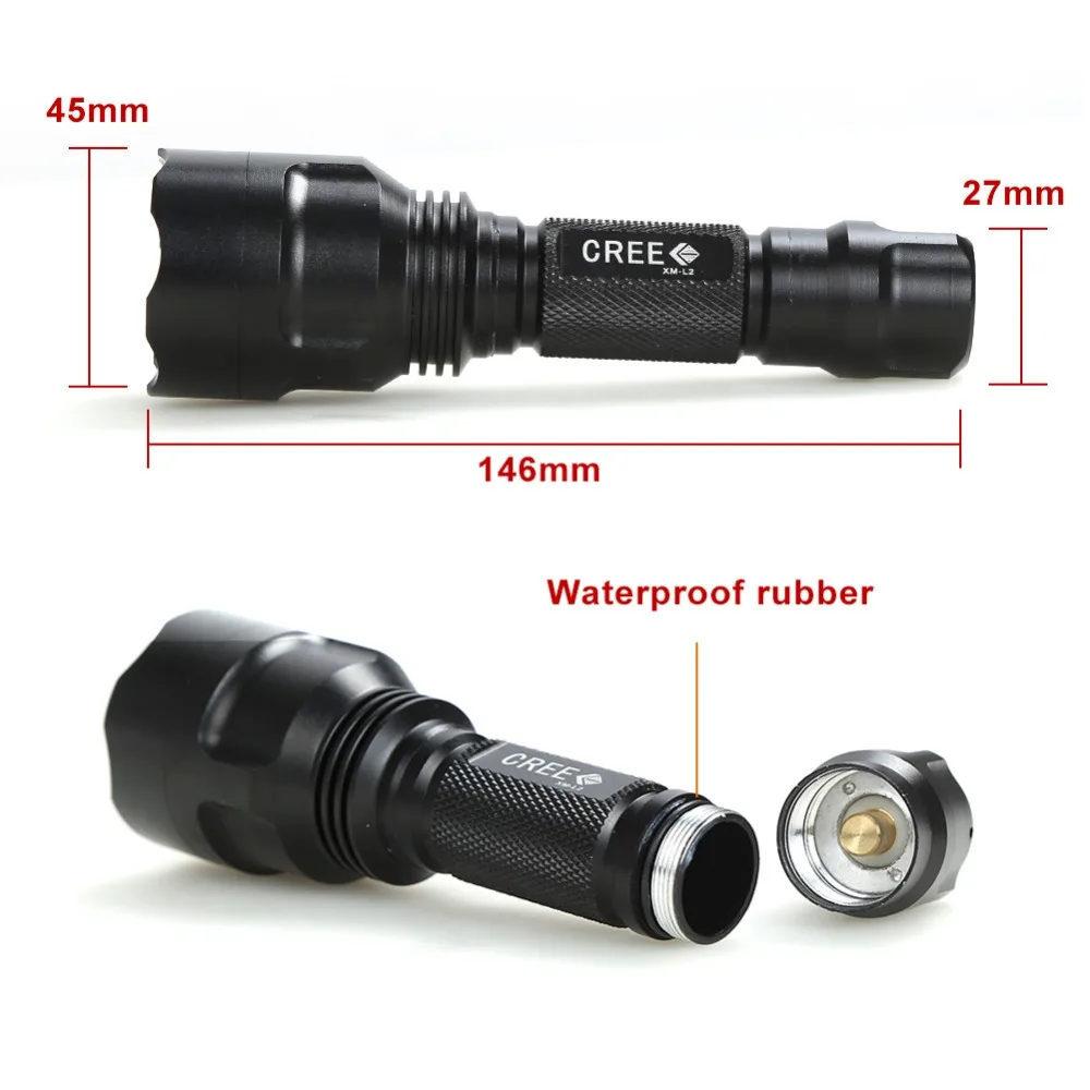 C8 Hunting Light Tactical flashlight CREE XM-L2 LED 1/5 mode torch led Waterproof flashlight 18650 battery+Charger+Gun Mount