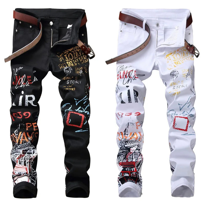 Ceny Wysoka moda uliczna męskie jeansy klub nocny czarny biały kolor osobisty designerski drukowany dżinsy męskie punkowe spodnie Skinny dżinsy hip hopowe