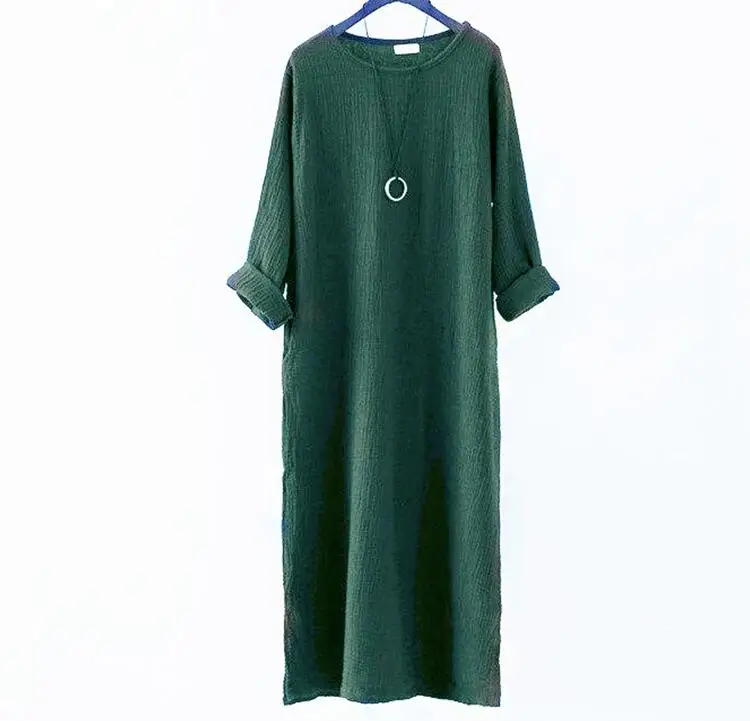 Осень женское платье большого размера S-4XL 5XL 6XL Ретро льняное платье с длинным рукавом весеннее свободное Повседневное платье длинное хлопковое льняное платье - Цвет: Армейский зеленый