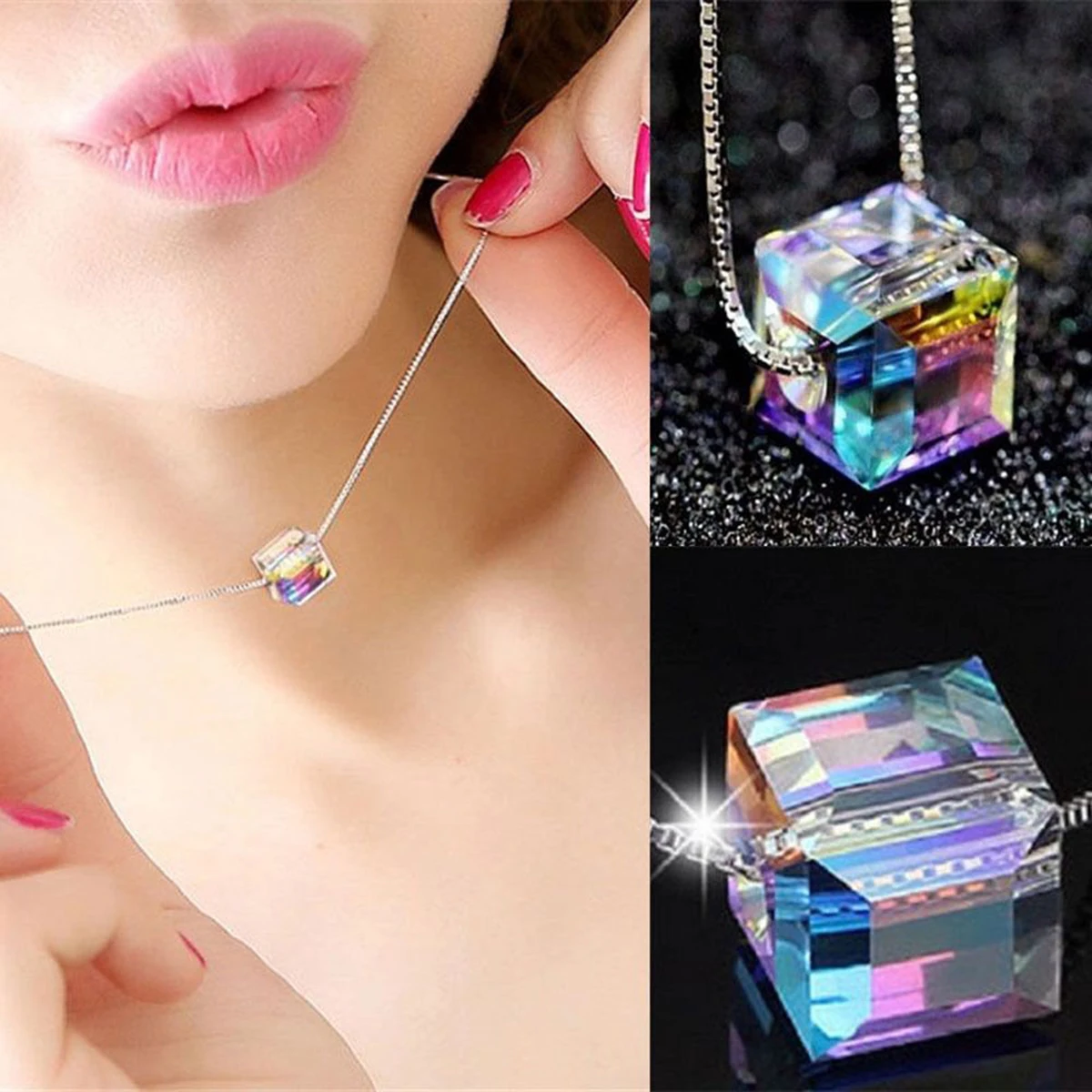 

Shellhard Colorful Cube Square Crystal Necklace Shellhard Long Link Chain Kolye Choker Necklaces & Pendants Charms Jewelry