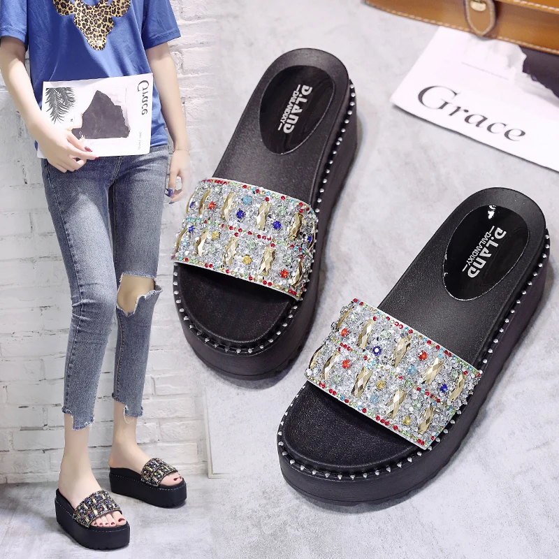 

shoes women slippers zapatos mujer woman slippers ladies Summer Rhinestone Multicolor open toe platform wedges heels7.5cm indoor
