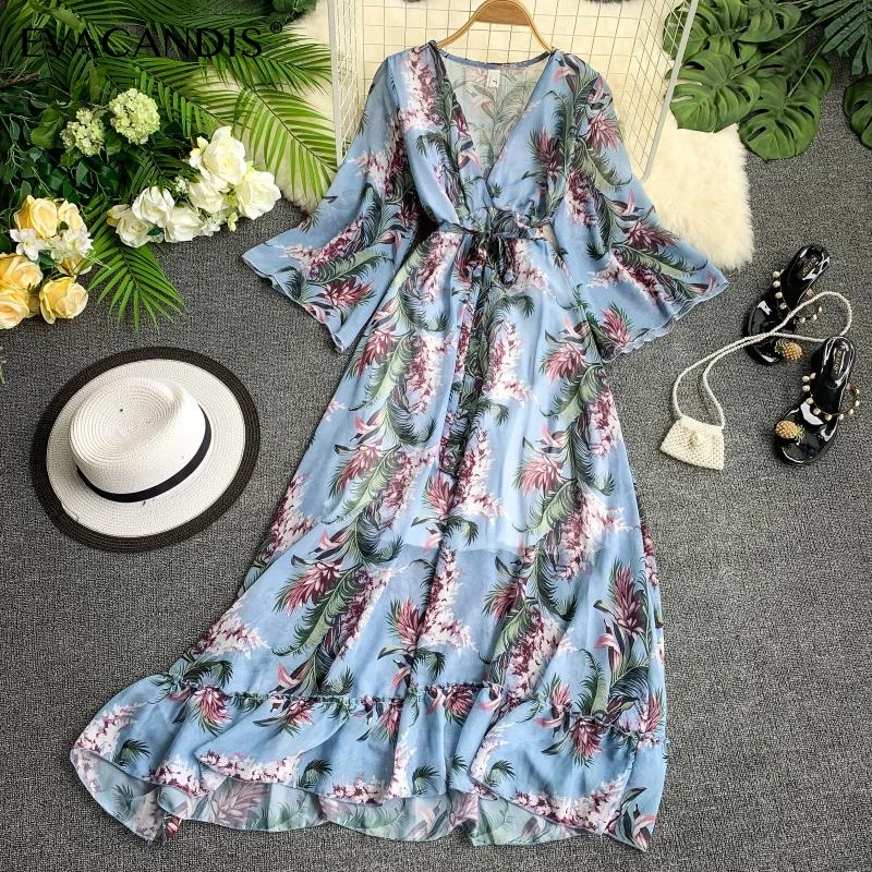 

Floral Ruffle Maxi Dress V Neck Long Sleeve Elegant Korean Sexy Tunic Plus Size Summer Boho Chiffon Beach Dress Women Vestidos