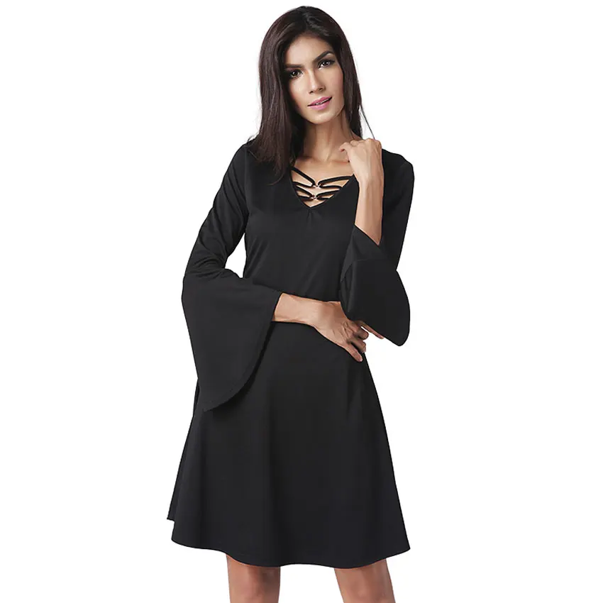 Buy Cheap Spring Summer Dress Women Vintage Solid Evening Vestidos Fashion V Neck Wrist Flare Sleeve Black Lady Party Dresses ukraine 2017