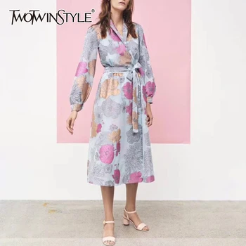 

TWOTWINSTYLE Casual Print Dress For Women Stand Collar Lantern Sleeve High Waist Lace Up Midi Dresses Female 2020 Summer New