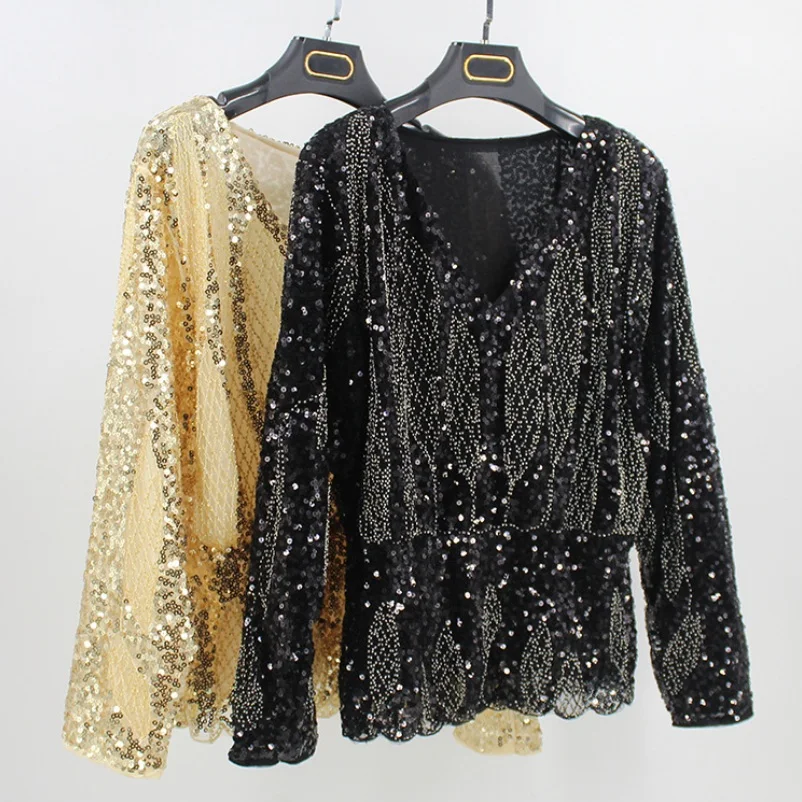 

Batwing Sleeve V-Neck Sequined Lace Blouse Autumn Full Sleeve Women Beading Embroidery Tops