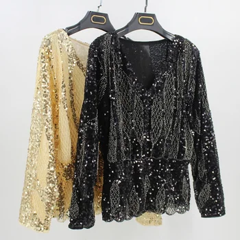 

Batwing Sleeve V-Neck Sequined Lace Blouse Autumn Full Sleeve Women Beading Embroidery Tops