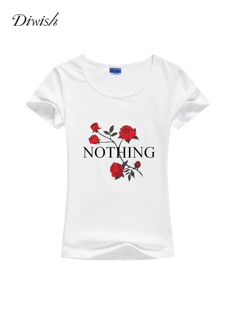 

Diwish Tshirts Cotton Women 2019 Summer Women Short Sleeve Basic Tshirt Plain Casual Rose Letter Printed Female Tshirt Top