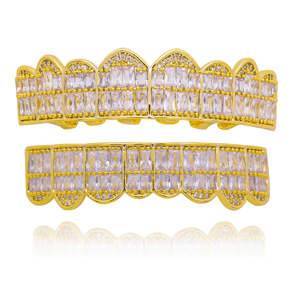 

Hip Hop Square CZ Stone Paved Bling Iced Out Teeth Grillzs Top Bottom Set Mouth Grills Men Rapper Jewelry Gold Silver Color