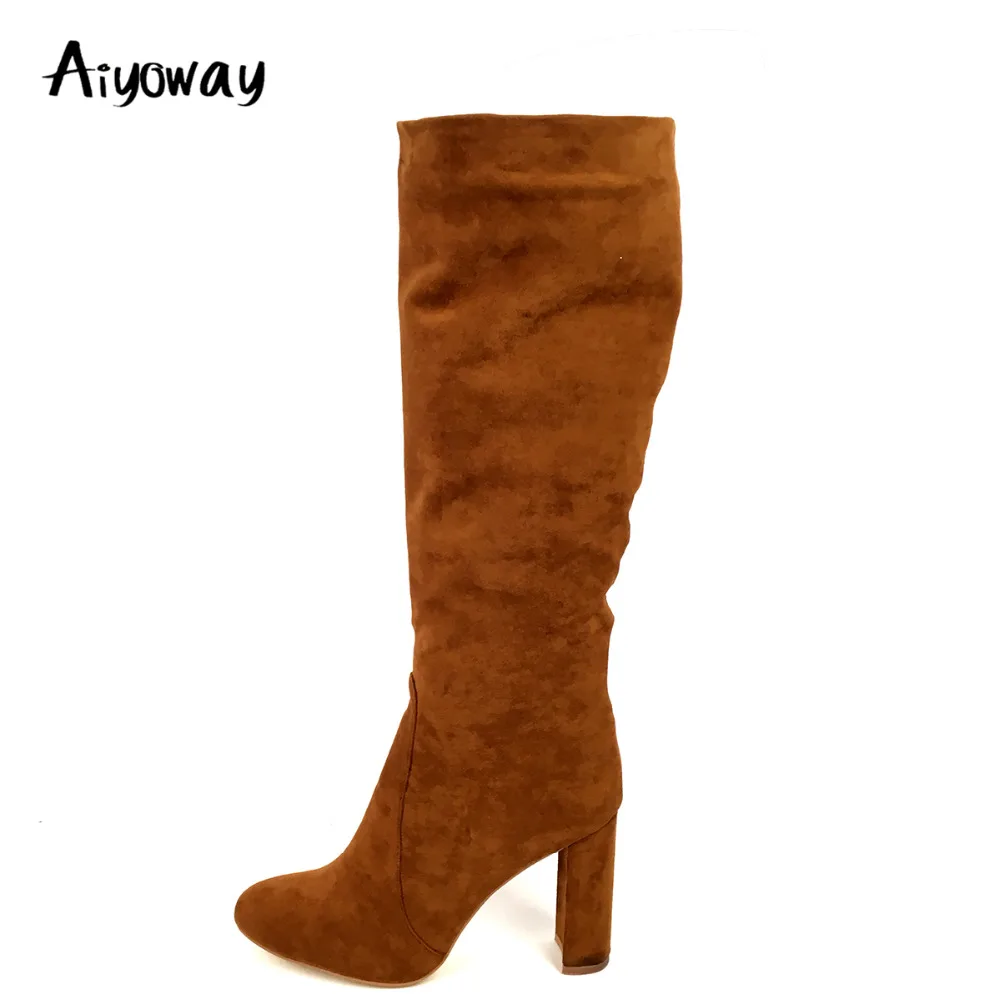 

Aiyoway Fashion Women Ladies Round Toe Chunky Heel Brown Faux Suede Knee Boots Winter Party Dress Boots Slip On US Size 5~17
