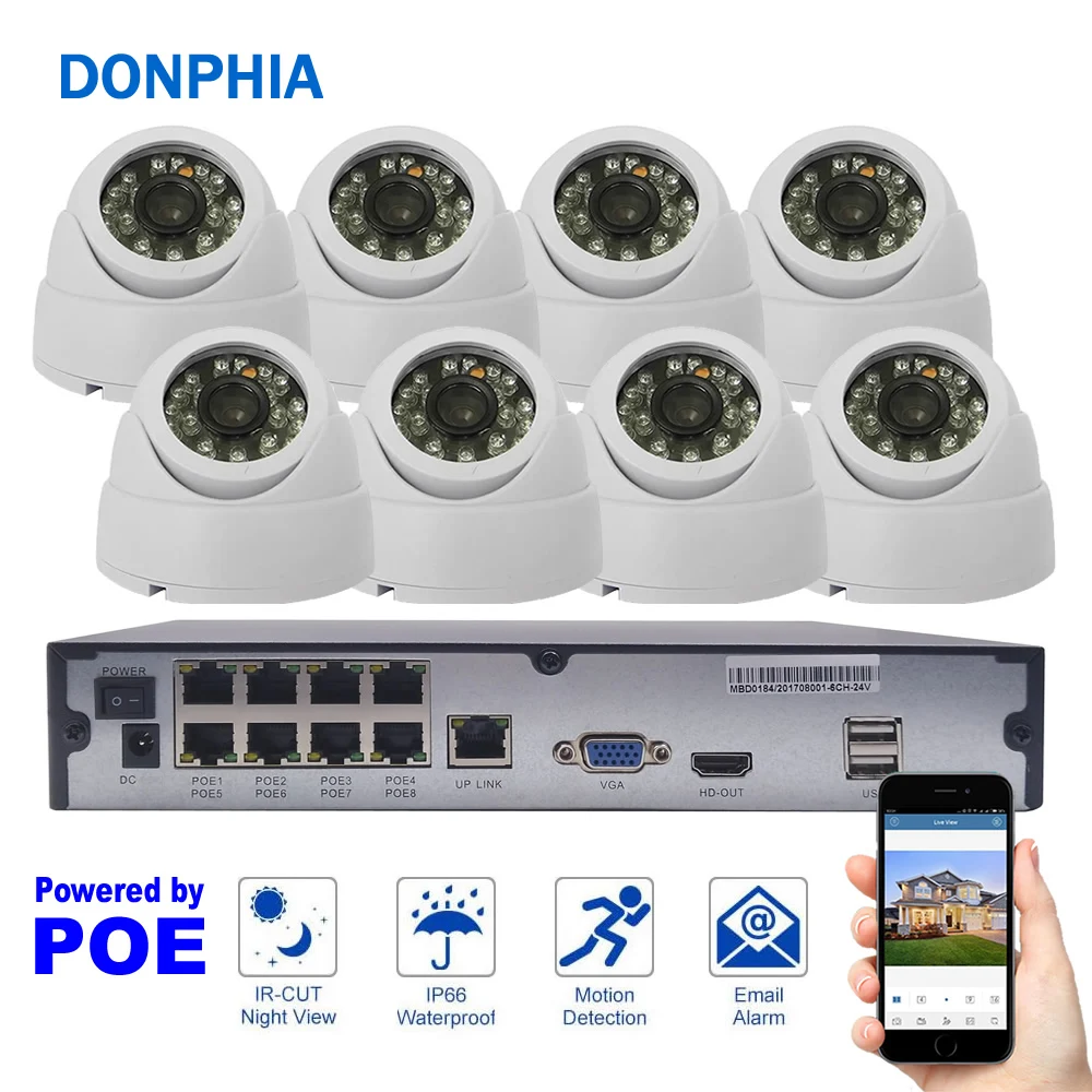 Система видеонаблюдения в помещении 1080P 8ch POE NVR + 2MP купольная IP камера ночного