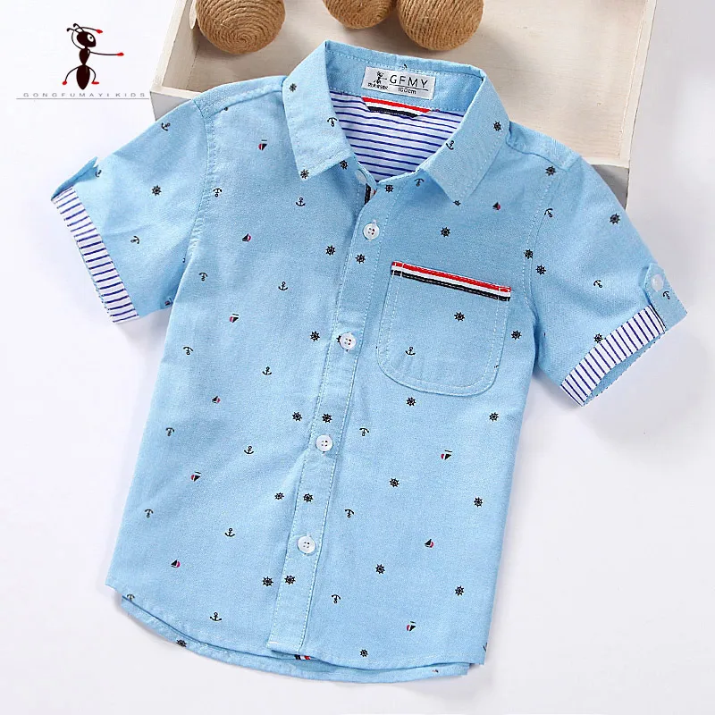 Летние Шорты рукавом для мальчика рубашки Повседневное отложной воротник Camisa Блузы мужские для детская одежда 1461 - изображение