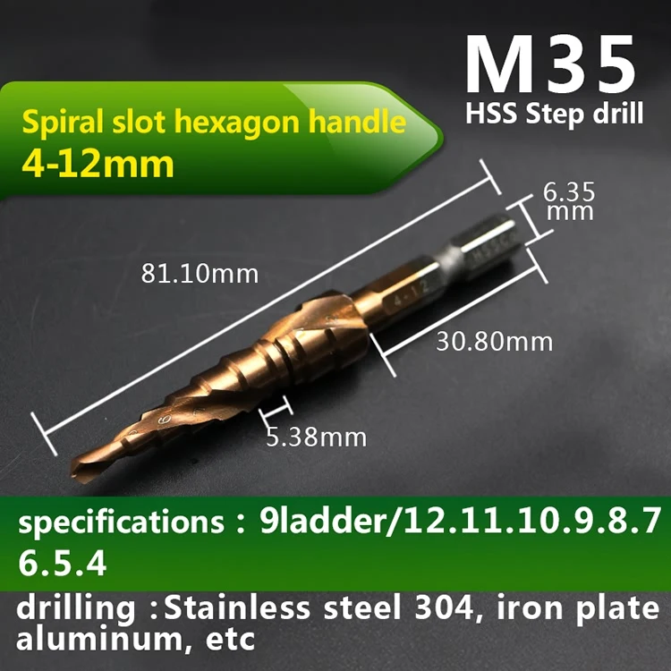 JIGONG HSS-CO M35 шестигранный хвостовик спиральный паз Шаг сверло металлический конус Шаг сверло из нержавеющей стали Отверстие пила отверстие резак - Цвет: Bronze 4 12mm 1pc