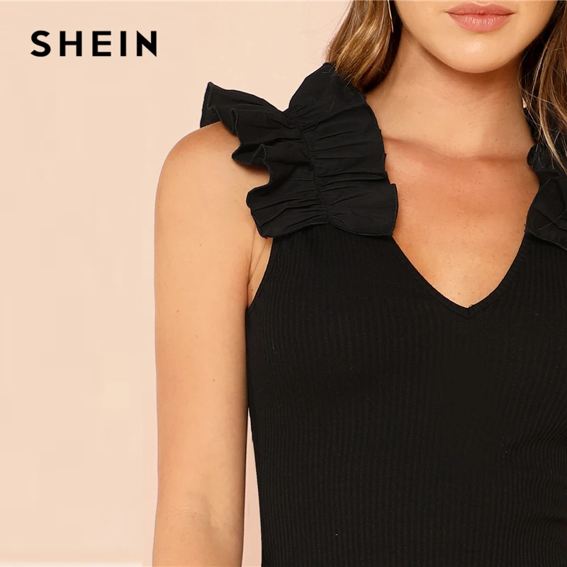 SHEIN черная элегантная Сексуальная футболка без рукавов с оборками и v-образным вырезом, летняя женская Повседневная футболка