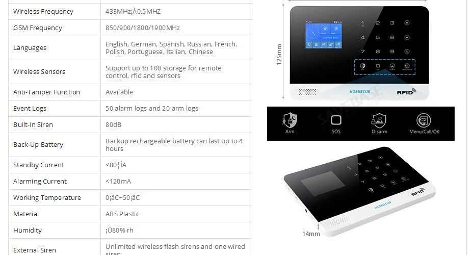 HOMSECUR DIY GSM wifi сигнализация для домашней безопасности(панель сигнализации LA02, PIR датчик, датчик двери, Вспышка Сирена, датчик дыма и т. д